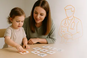 ребёнок играет с карточками животных, будущая профессия ветеринара показана справа