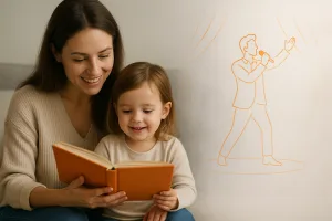 ребёнок слушает сказку, будущая сцена выступления артиста