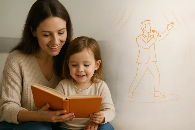 ребёнок слушает сказку, будущая сцена выступления артиста