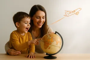 мальчик изучает глобус с матерью, будущее связано с путешествиями