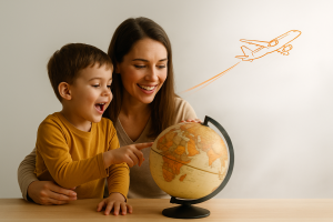 мальчик изучает глобус с матерью, будущее связано с путешествиями
